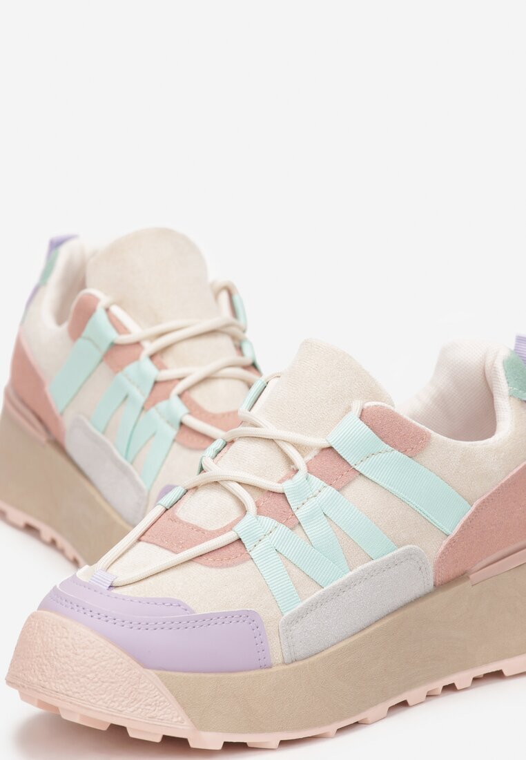  Adidași Bej-Violet cu Talpă Plată Groasă din Imitație Velur Decorați cu Inserții din Piele Ecologică Mariatta