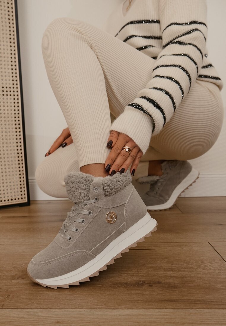  Adidași Gri pe platformă groasă cu aplicație metalică și blană de miel Irinala