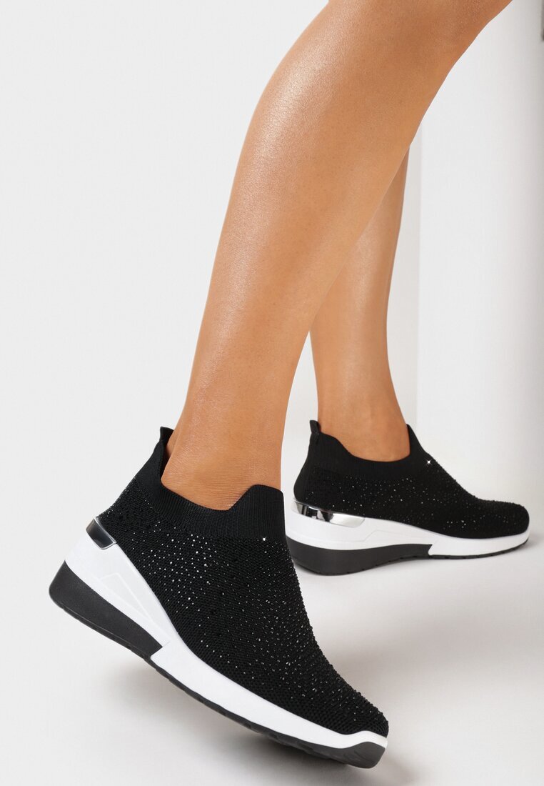  Adidași Negri cu Pană cu Față Elastică cu Strass-uri Neatisa