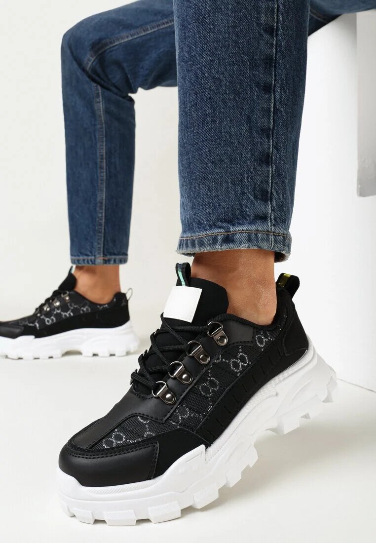  Adidași Negri cu șireturi pe talpă groasă cu model decorativ Tannai