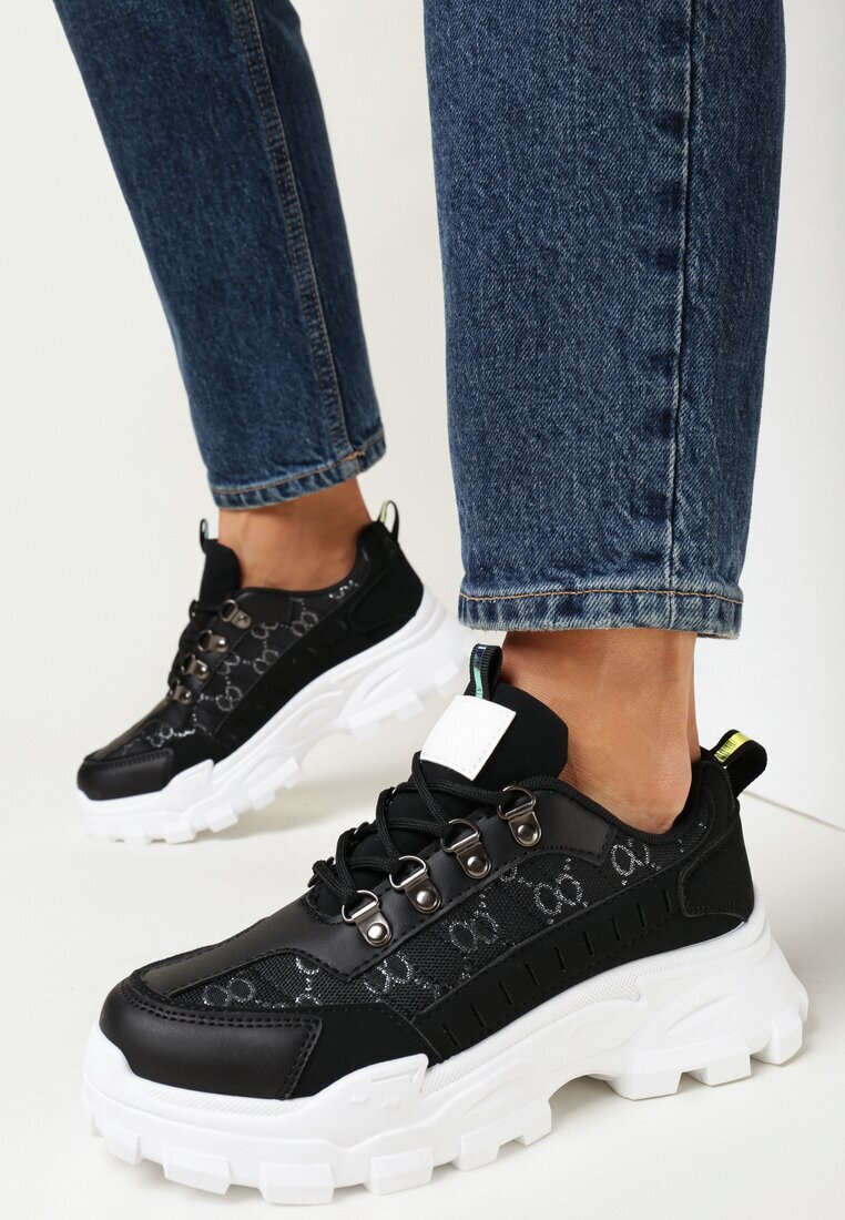  Adidași Negri cu șireturi pe talpă groasă cu model decorativ Tannai