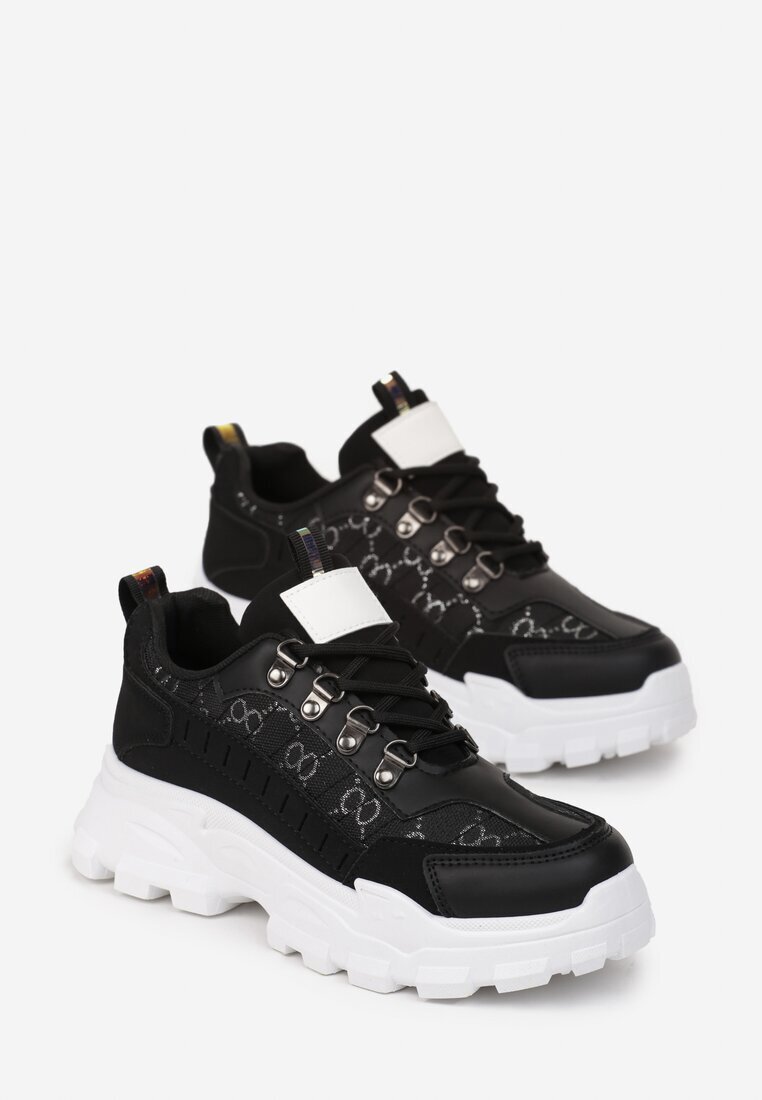  Adidași Negri cu șireturi pe talpă groasă cu model decorativ Tannai