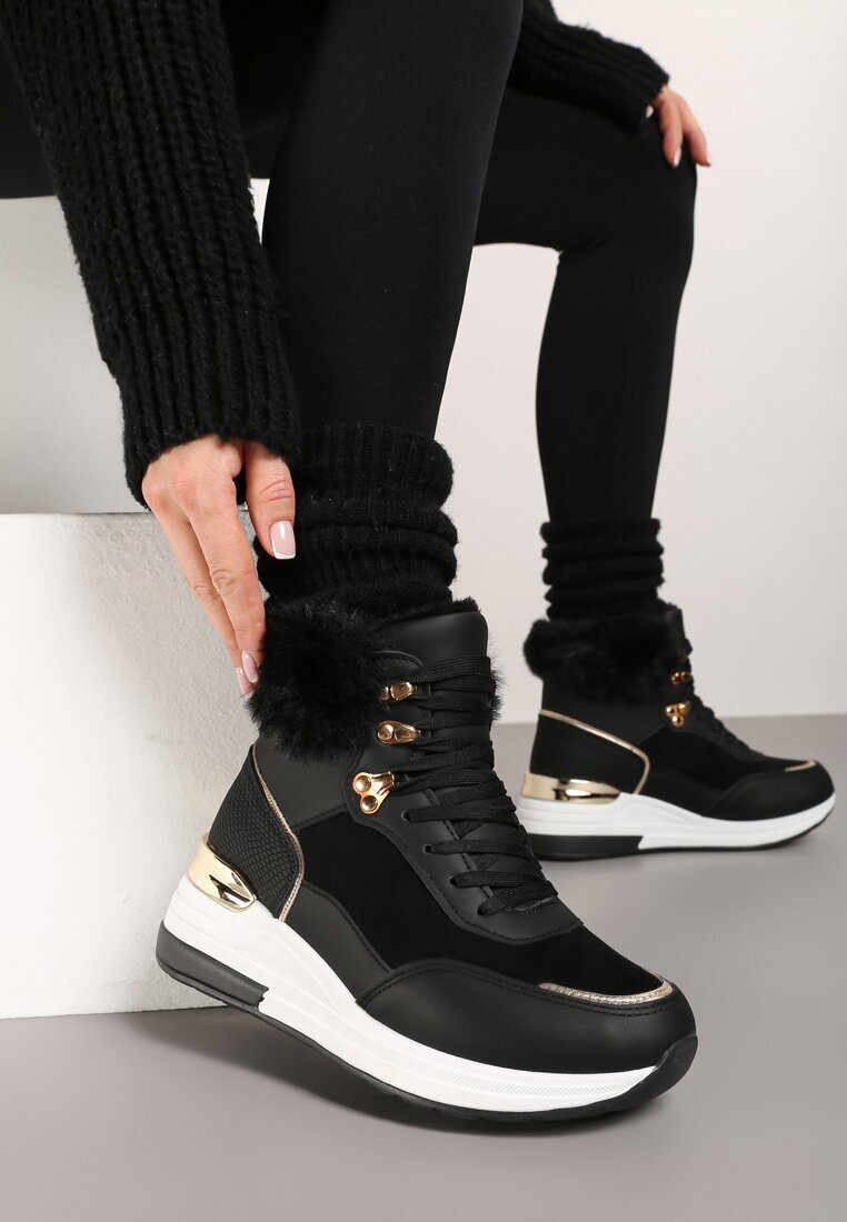  Adidași Negri pe pană ascunsă cu inserție de blană și accent metalic Kaivn