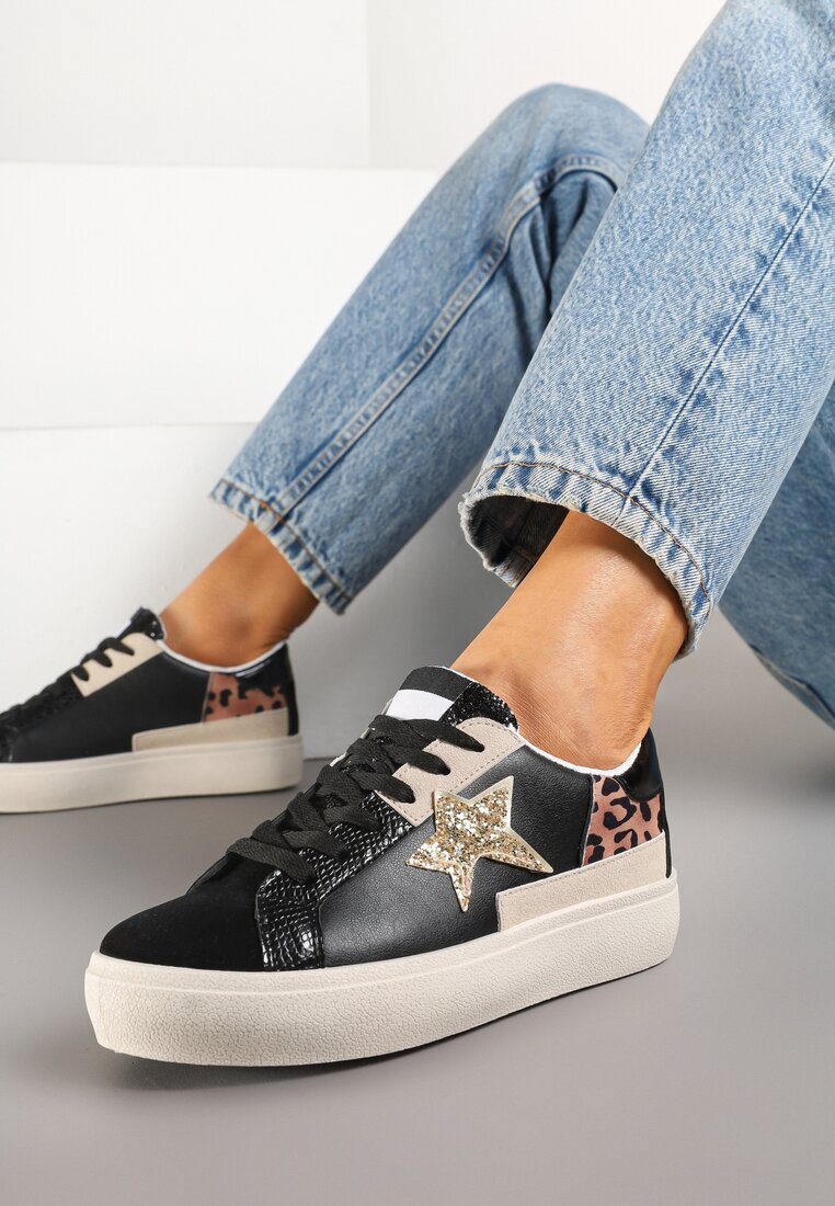  Adidași Negri pe Talpă Groasă Decorați cu Sclipici Felthara