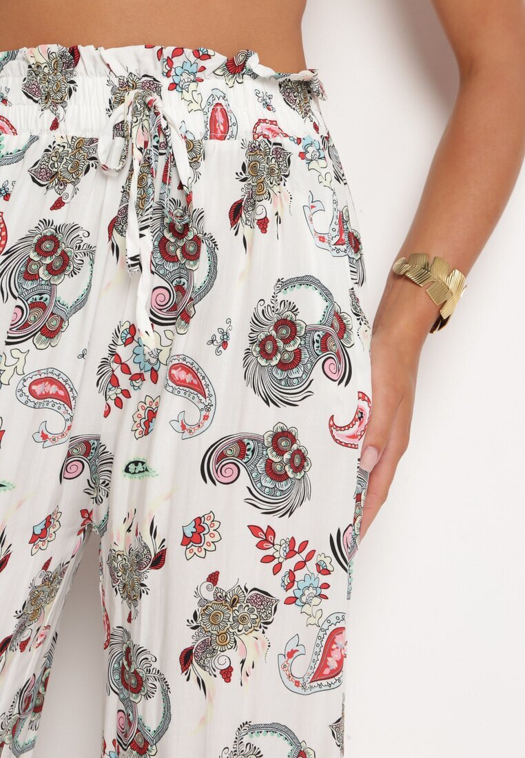 airisa Pantaloni Alb-Roz din Bumbac stil Boho cu picioare largi și elastic în talie Jelvia