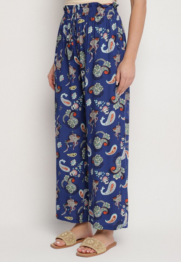 airisa Pantaloni Albaștri din Bumbac în Stil Boho cu Crăci Largi și Bandă Elastică în Talie Jelvia
