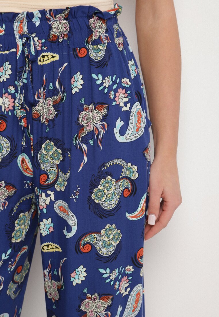 airisa Pantaloni Albaștri din Bumbac în Stil Boho cu Crăci Largi și Bandă Elastică în Talie Jelvia