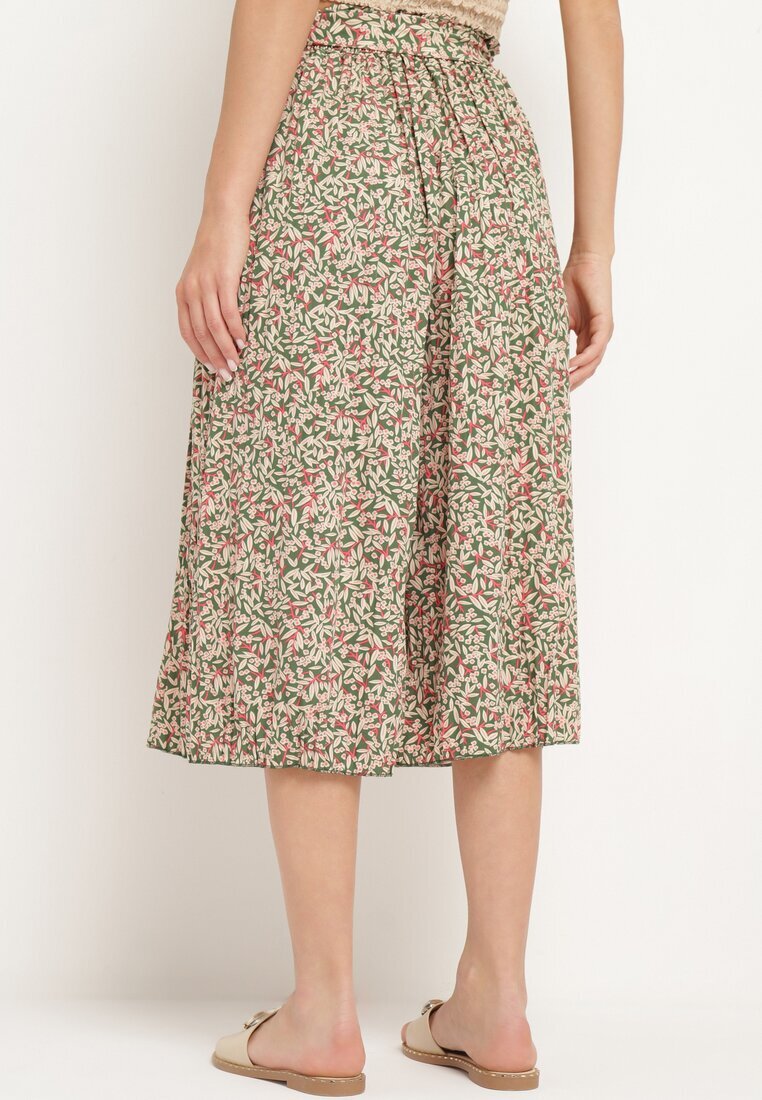 airisa Pantaloni Largi Evazați Verde-Roz din Material Plisat cu Elastic și Curea în Talie Hurefia