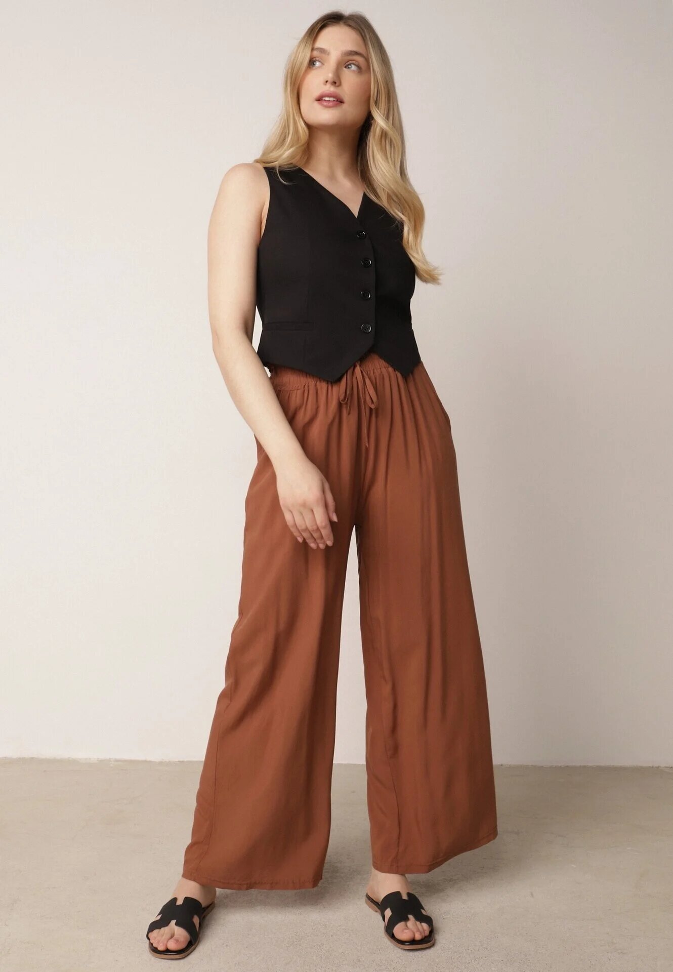 airisa Pantaloni Maro Largi din Bumbac cu elastic în talie și talie înaltă Besea