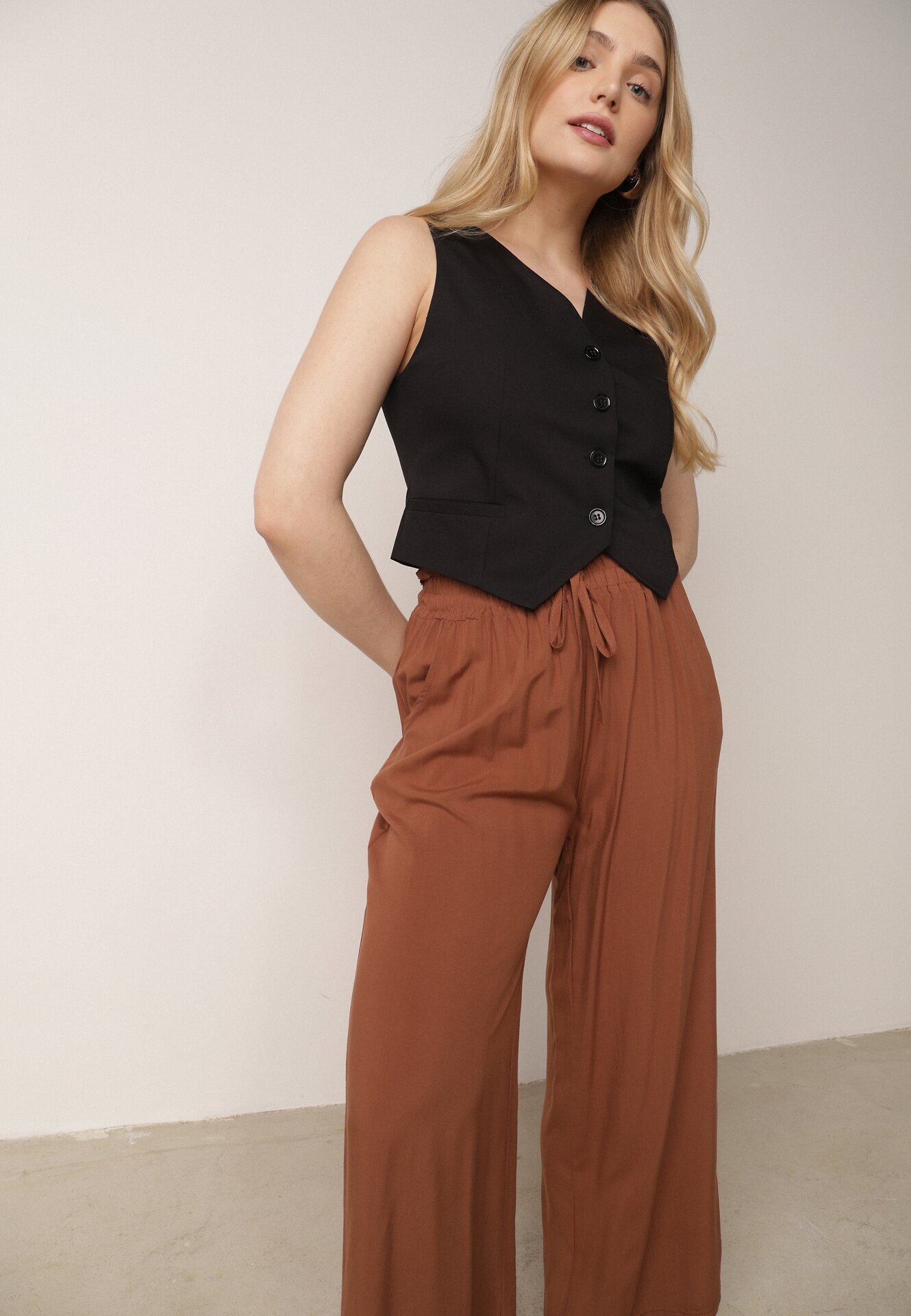 airisa Pantaloni Maro Largi din Bumbac cu elastic în talie și talie înaltă Besea