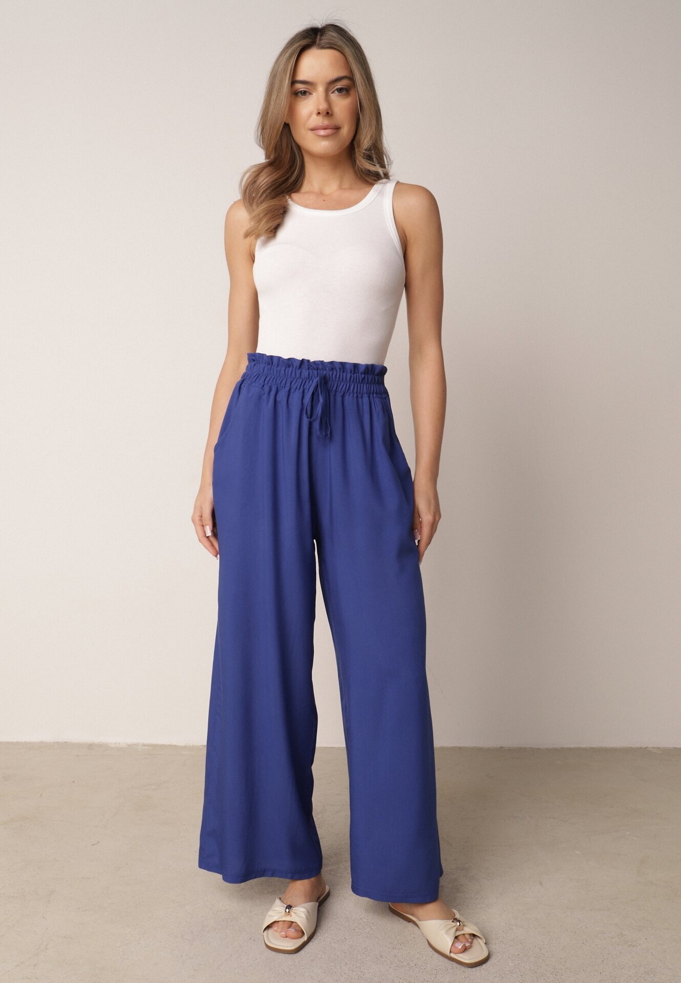 airisa Pantaloni Palazzo bleumarin largi de bumbac cu talie înaltă și elastic în talie Nelonia