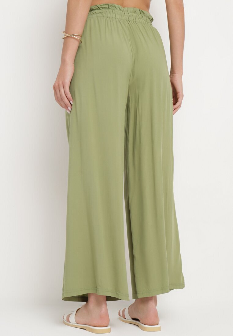 airisa Pantaloni Palazzo Verzi din Bumbac Ample cu Talie Înaltă și Elastic în Talie Nellsie