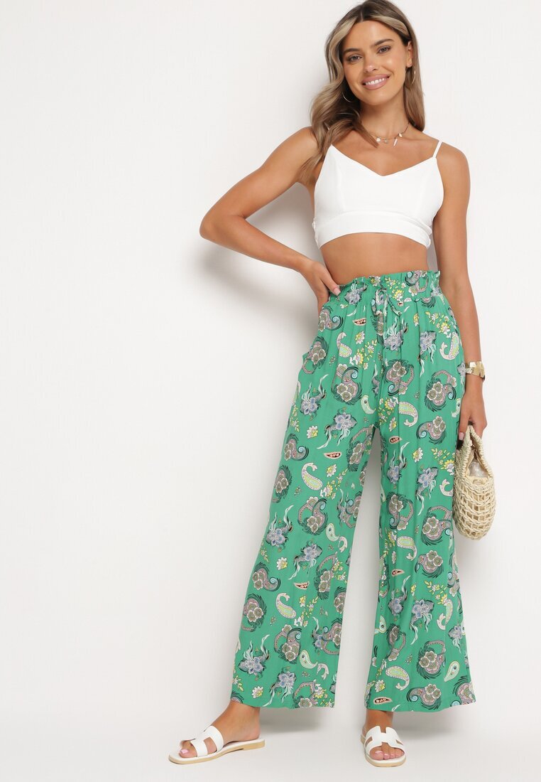 airisa Pantaloni Verzi din Bumbac în Stil Boho cu Picioare Largi și cu Elastic în Talie Jelvia
