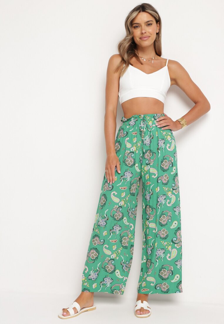 airisa Pantaloni Verzi din Bumbac în Stil Boho cu Picioare Largi și cu Elastic în Talie Jelvia