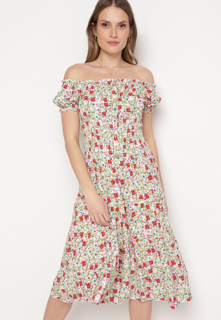 airisa Rochie Alb-Verde Din bumbac Midi cu Imprimeu Floral Stil Spaniolă Anirpe