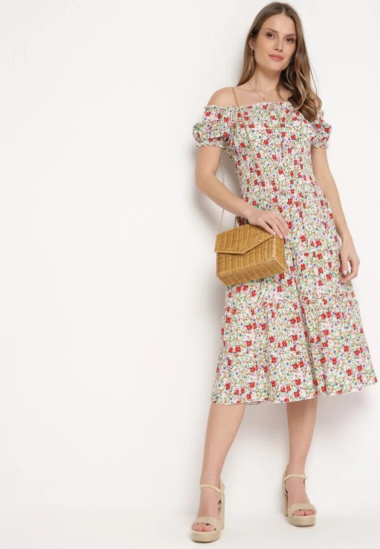 airisa Rochie Alb-Verde Din bumbac Midi cu Imprimeu Floral Stil Spaniolă Anirpe