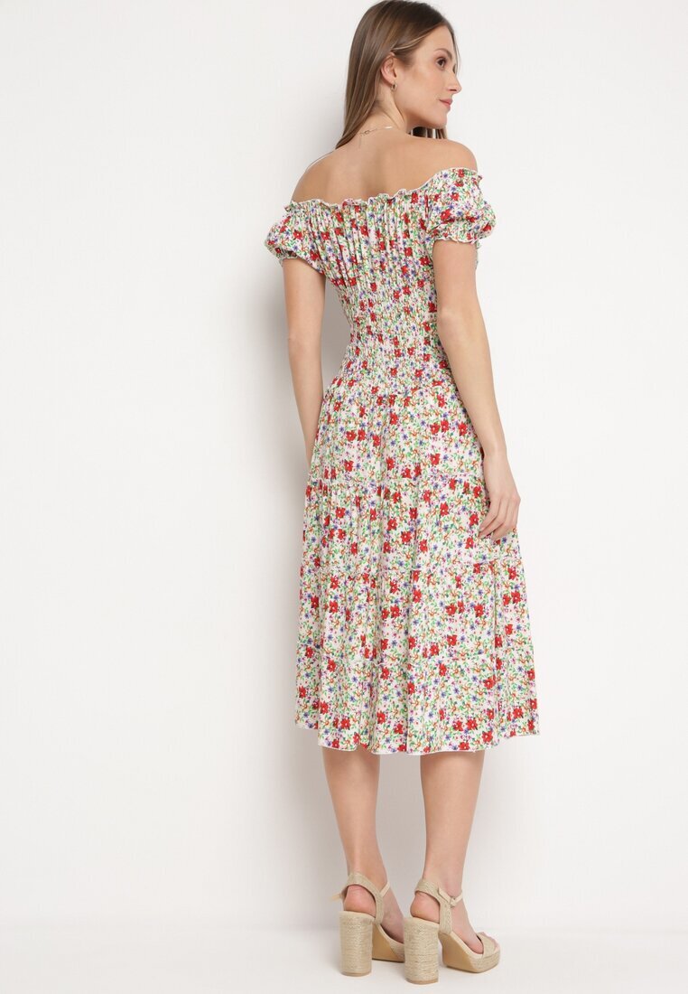airisa Rochie Alb-Verde Din bumbac Midi cu Imprimeu Floral Stil Spaniolă Anirpe
