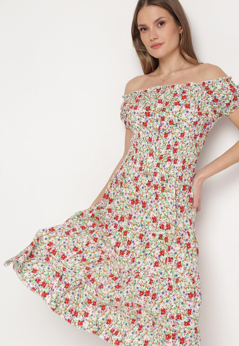airisa Rochie Alb-Verde Din bumbac Midi cu Imprimeu Floral Stil Spaniolă Anirpe