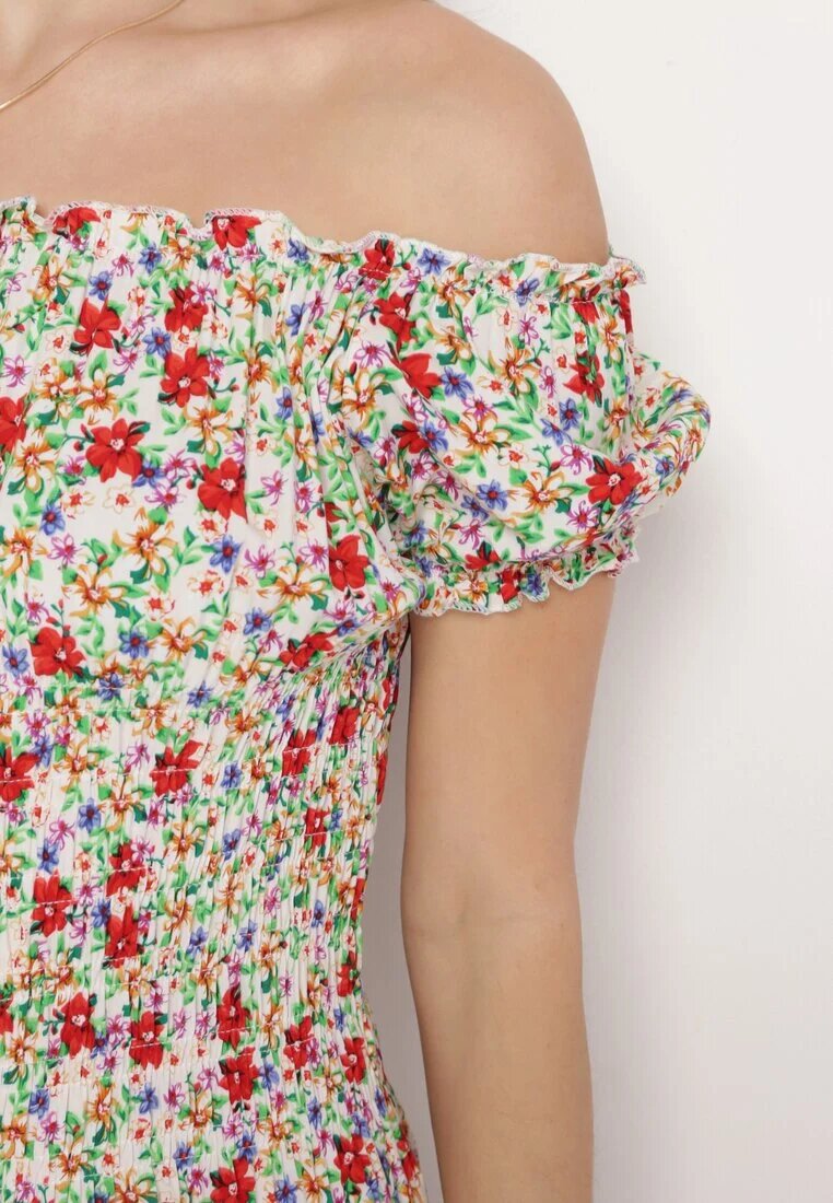 airisa Rochie Alb-Verde Din bumbac Midi cu Imprimeu Floral Stil Spaniolă Anirpe