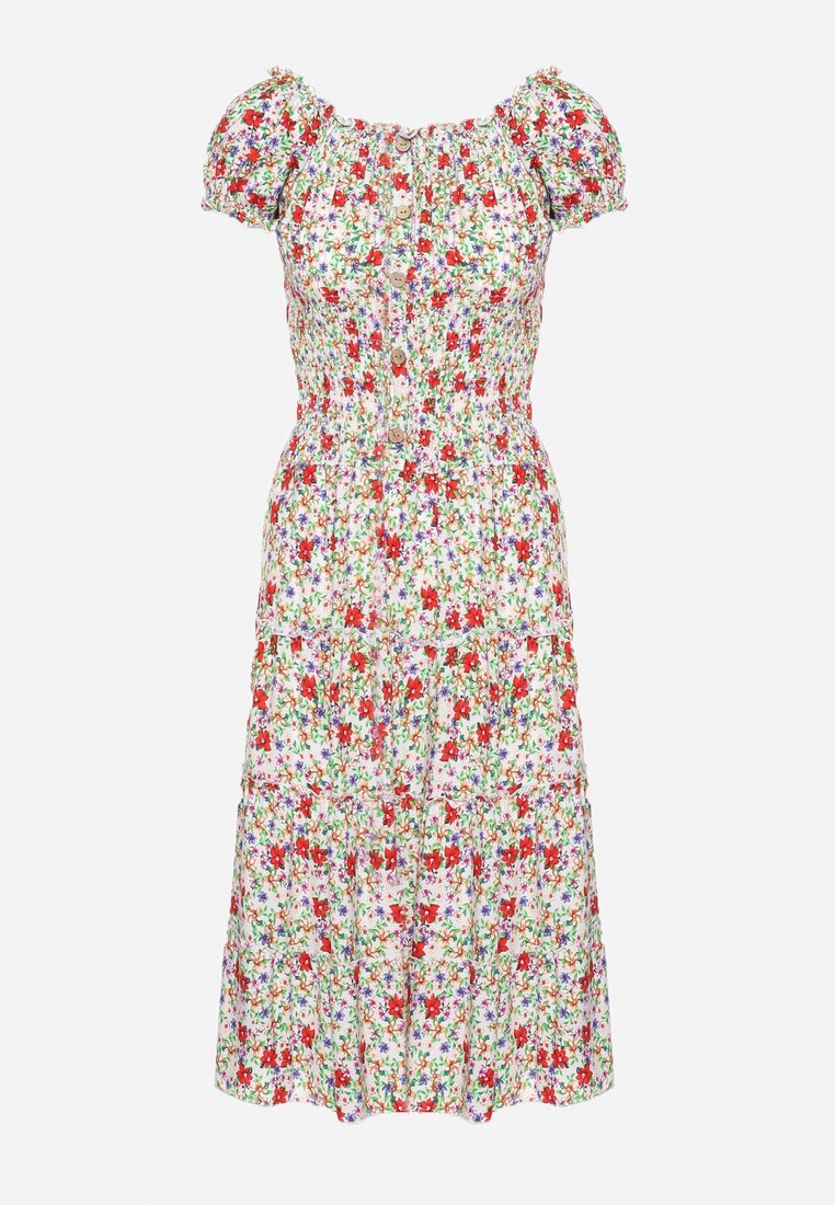 airisa Rochie Alb-Verde Din bumbac Midi cu Imprimeu Floral Stil Spaniolă Anirpe