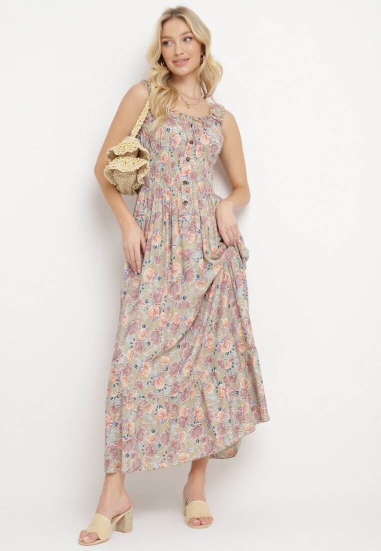 airisa Rochie cloș verde deschis din bumbac cu imprimeu floral cu nasturi Jamallia
