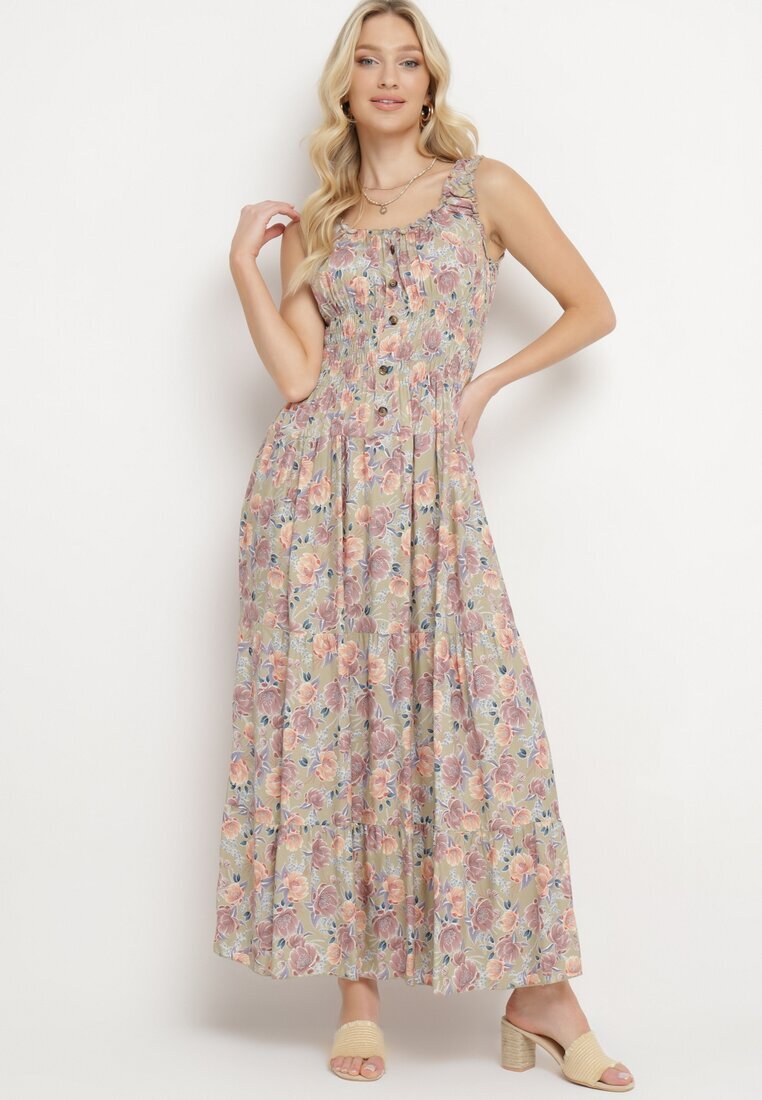 airisa Rochie cloș verde deschis din bumbac cu imprimeu floral cu nasturi Jamallia