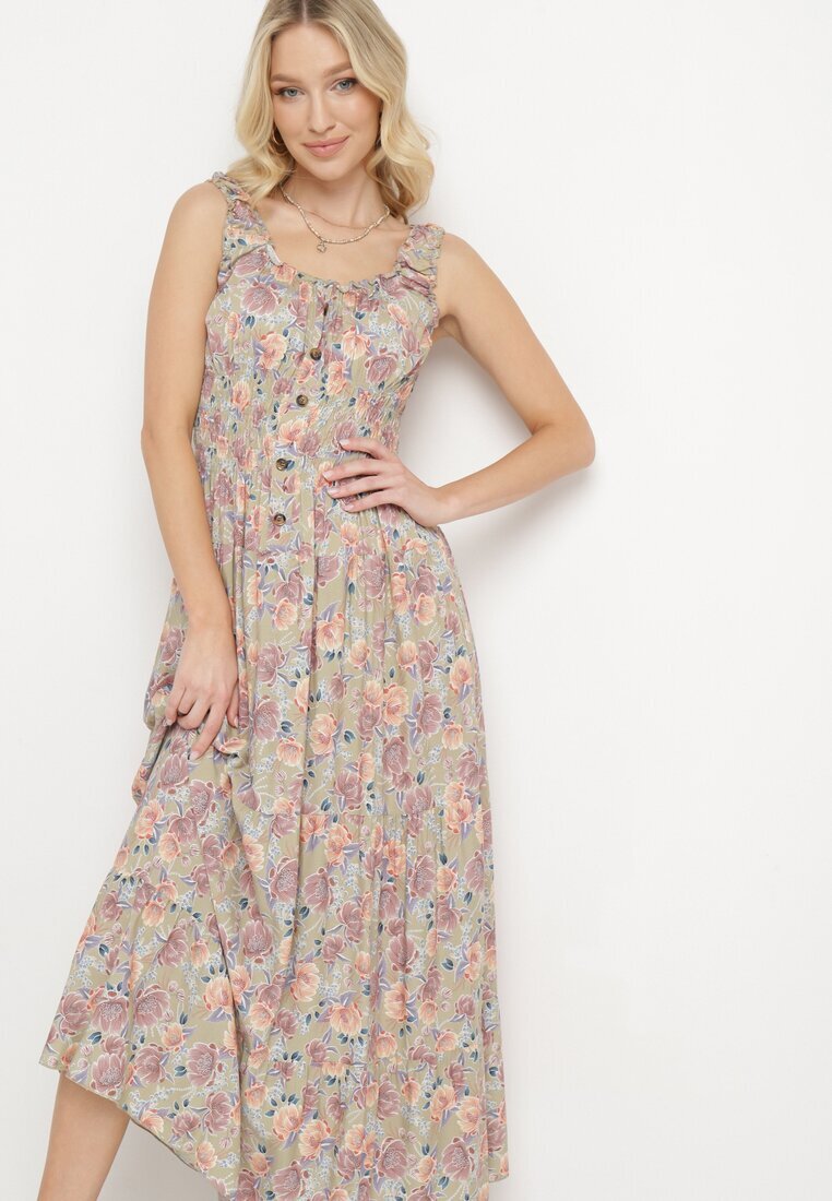 airisa Rochie cloș verde deschis din bumbac cu imprimeu floral cu nasturi Jamallia