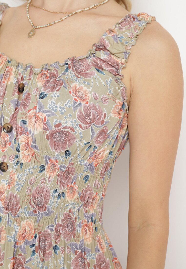 airisa Rochie cloș verde deschis din bumbac cu imprimeu floral cu nasturi Jamallia