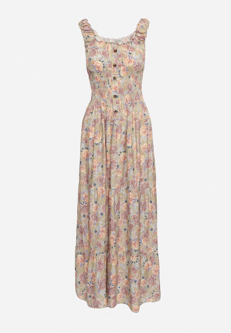 airisa Rochie cloș verde deschis din bumbac cu imprimeu floral cu nasturi Jamallia