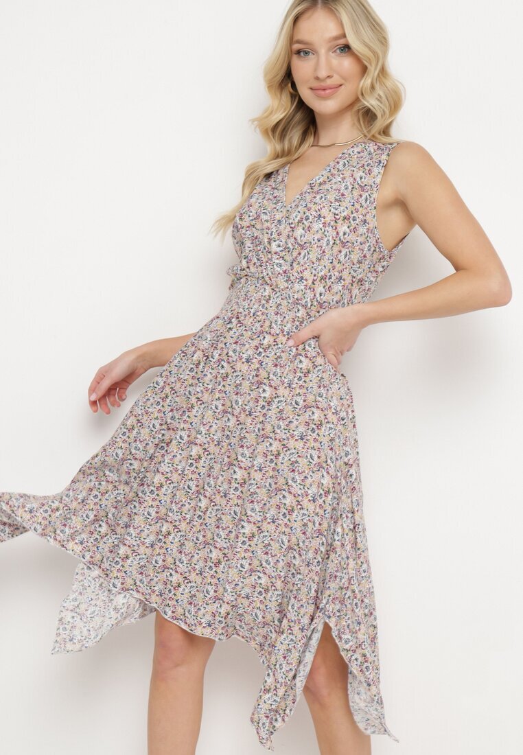 airisa Rochie Galben-Roz din Bumbac Elastic cu Tiv Asimetric și Elastic în Talie Penelorea