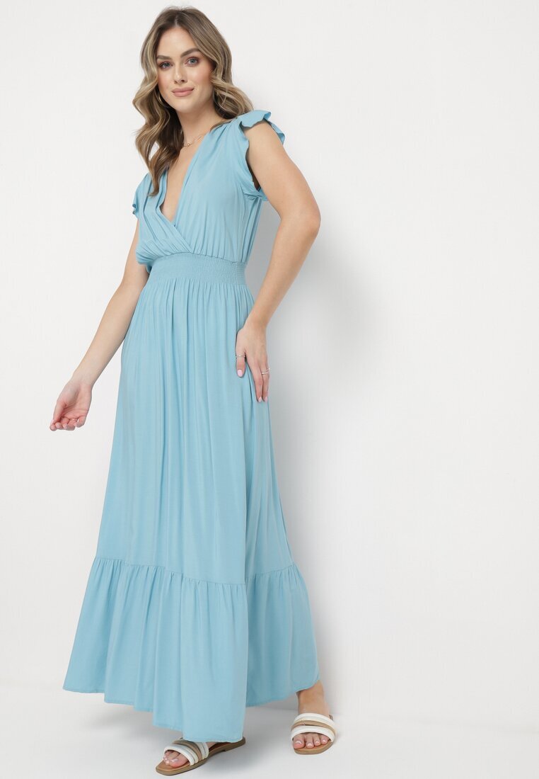airisa Rochie Maxi Din bumbac Albastră deschis cu decolteu petrecut Evazată Xaliara