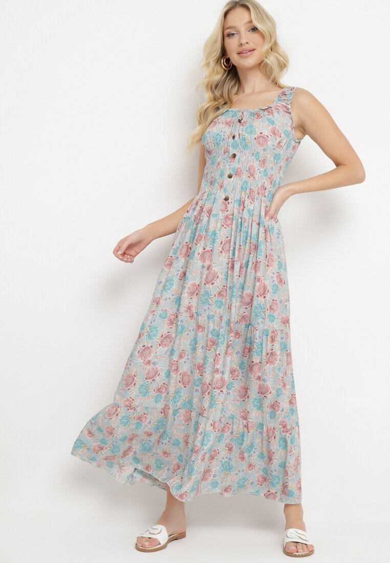 airisa Rochie Mentă Evazată din Bumbac cu Imprimeu Floral cu Nasturi Jamallia