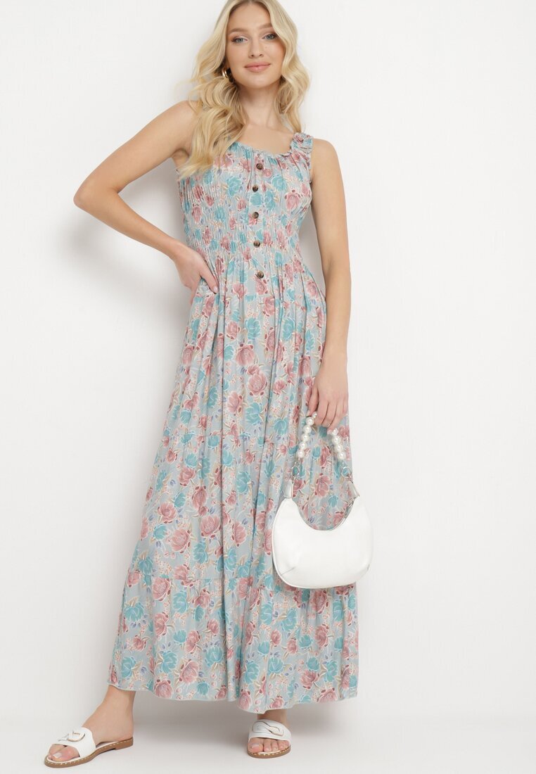 airisa Rochie Mentă Evazată din Bumbac cu Imprimeu Floral cu Nasturi Jamallia