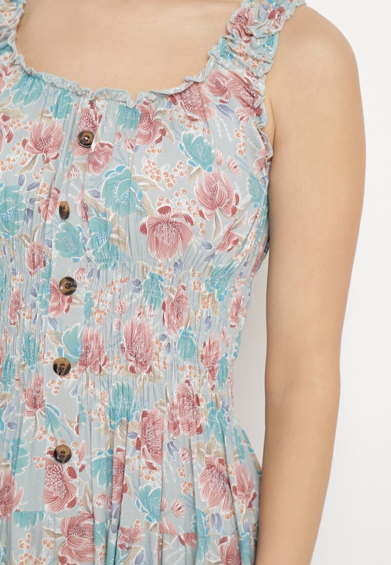 airisa Rochie Mentă Evazată din Bumbac cu Imprimeu Floral cu Nasturi Jamallia