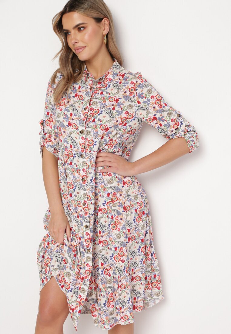 airisa Rochie Midi Alb-Roz Florală cu un Croi Evazat Glevia