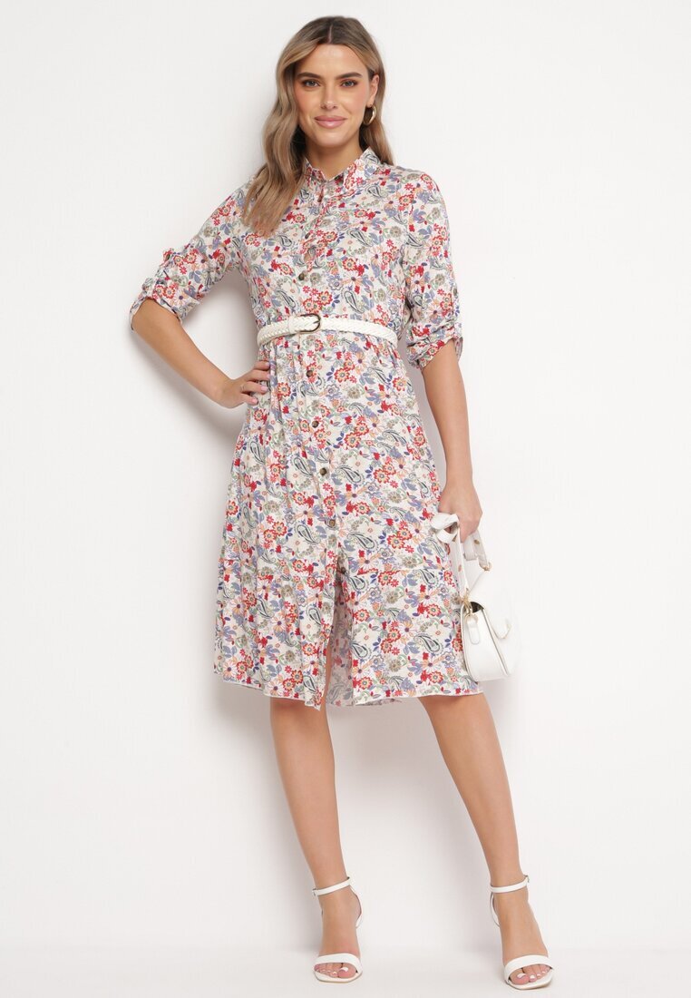 airisa Rochie Midi Alb-Roz Florală cu un Croi Evazat Glevia