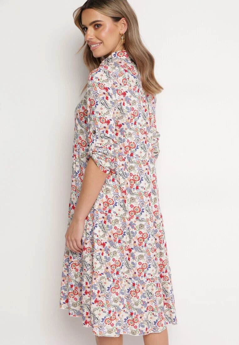 airisa Rochie Midi Alb-Roz Florală cu un Croi Evazat Glevia