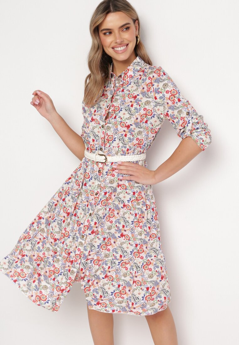 airisa Rochie Midi Alb-Roz Florală cu un Croi Evazat Glevia