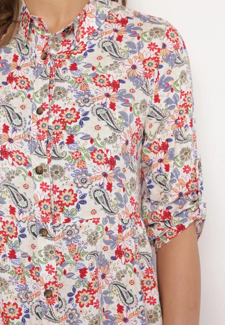 airisa Rochie Midi Alb-Roz Florală cu un Croi Evazat Glevia