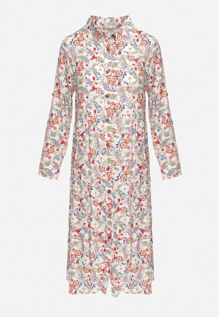 airisa Rochie Midi Alb-Roz Florală cu un Croi Evazat Glevia
