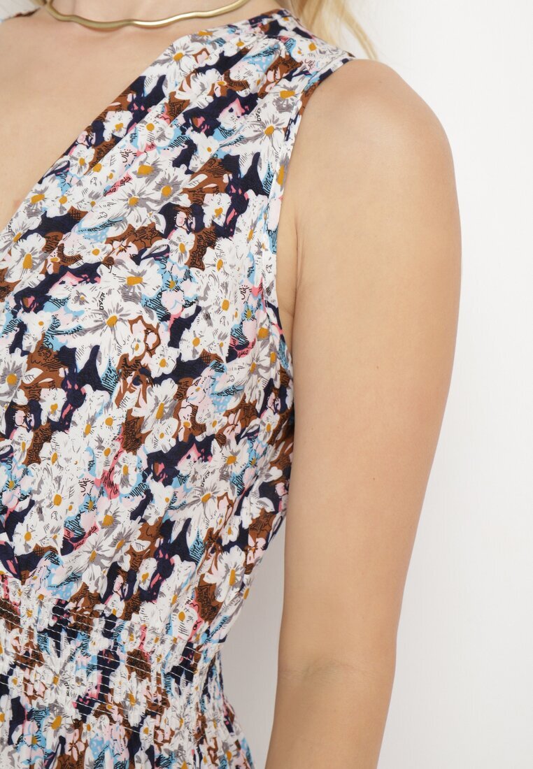 airisa Rochie petrecută bleu marin-bejă din bumbac cu croi evazat cu imprimeu floral Brosa