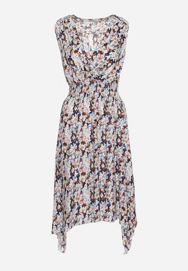 airisa Rochie petrecută bleu marin-bejă din bumbac cu croi evazat cu imprimeu floral Brosa