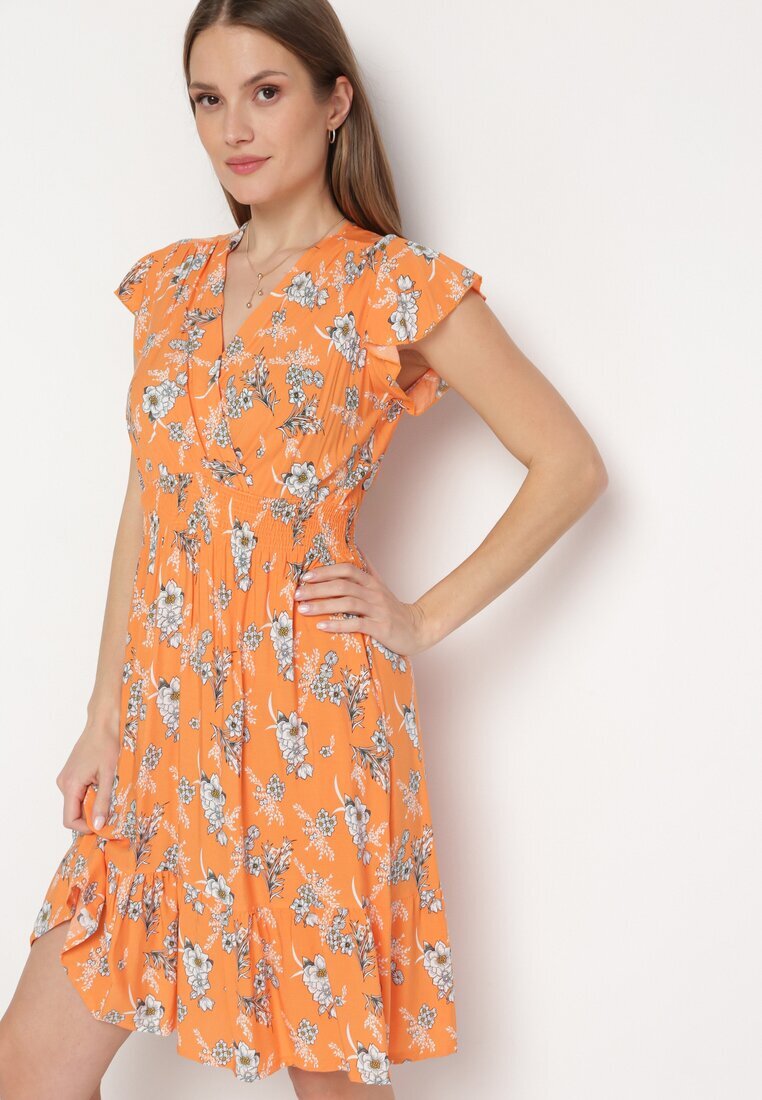 airisa Rochie Portocalie de Bumbac cu Decolteu Petrecut cu Flori Akariela