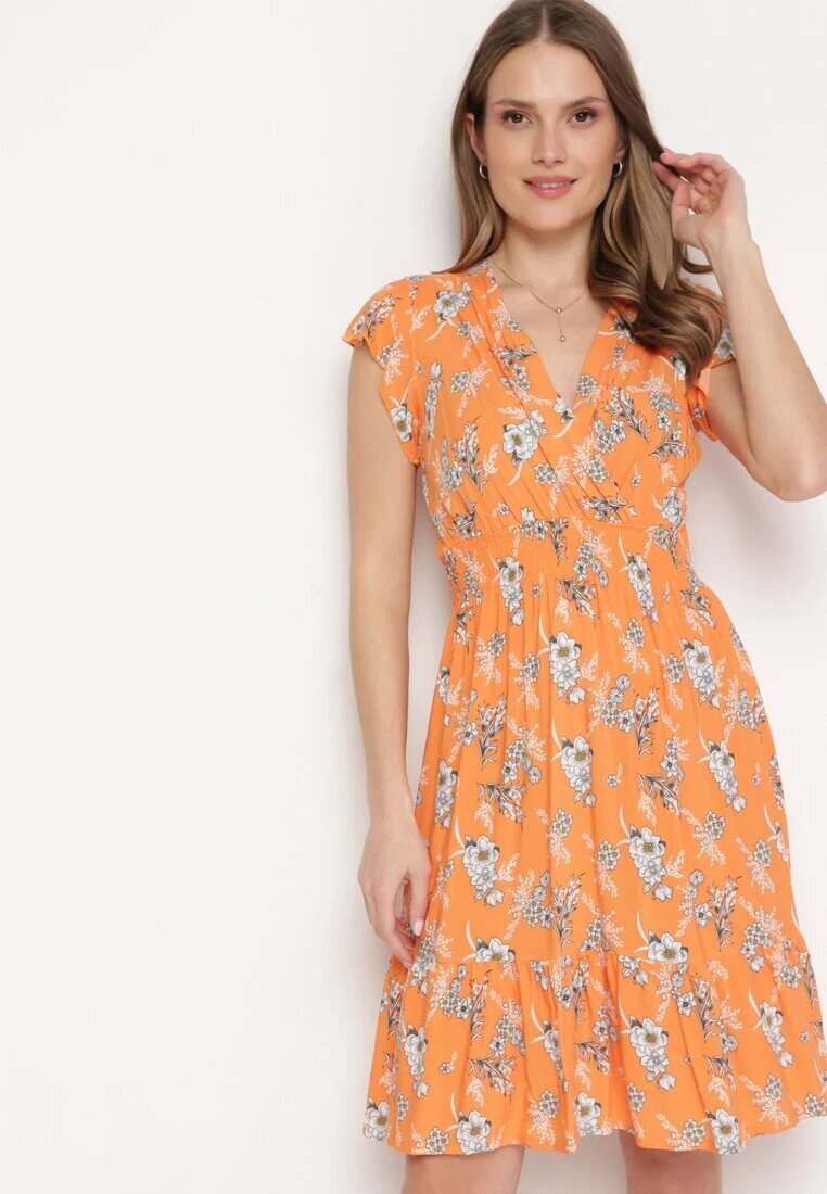 airisa Rochie Portocalie de Bumbac cu Decolteu Petrecut cu Flori Akariela