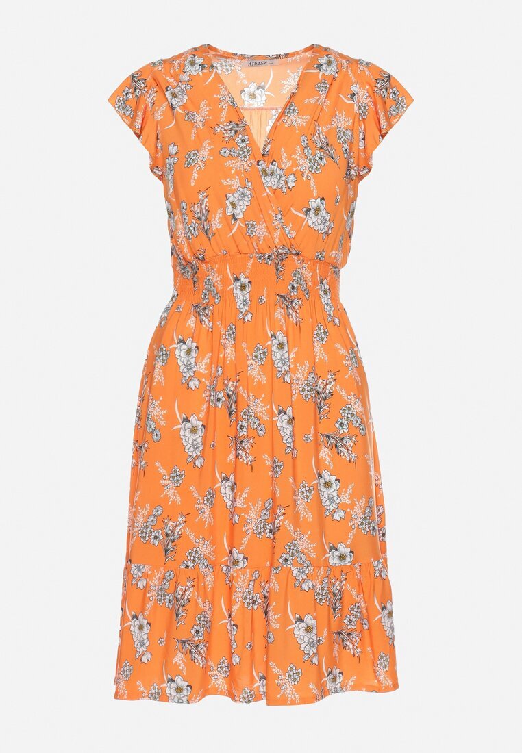 airisa Rochie Portocalie de Bumbac cu Decolteu Petrecut cu Flori Akariela