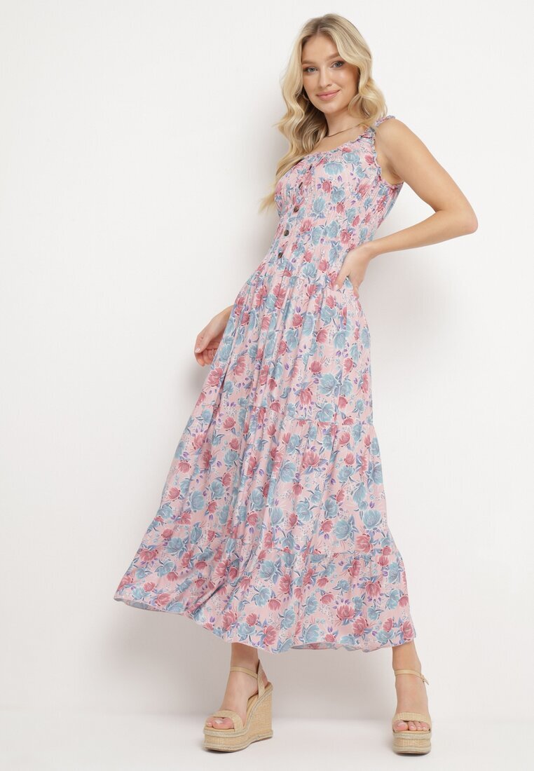 airisa Rochie Roz deschis Evazată Din bumbac Cu imprimeu floral Cu nasturi Jamallia