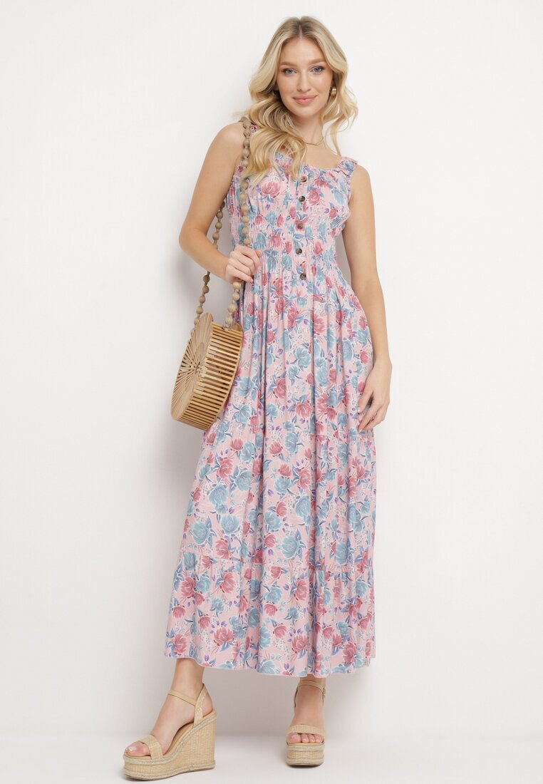 airisa Rochie Roz deschis Evazată Din bumbac Cu imprimeu floral Cu nasturi Jamallia