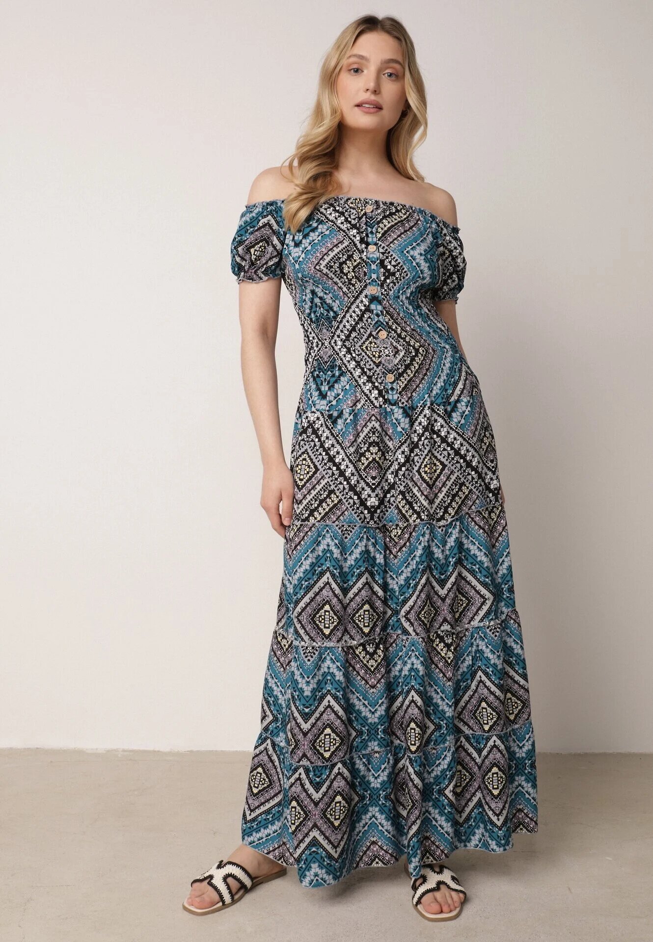 airisa Rochie Verde-Albastră din Bumbac în Stil Spaniol cu Model Etno și Elastic în Talie Kinetha