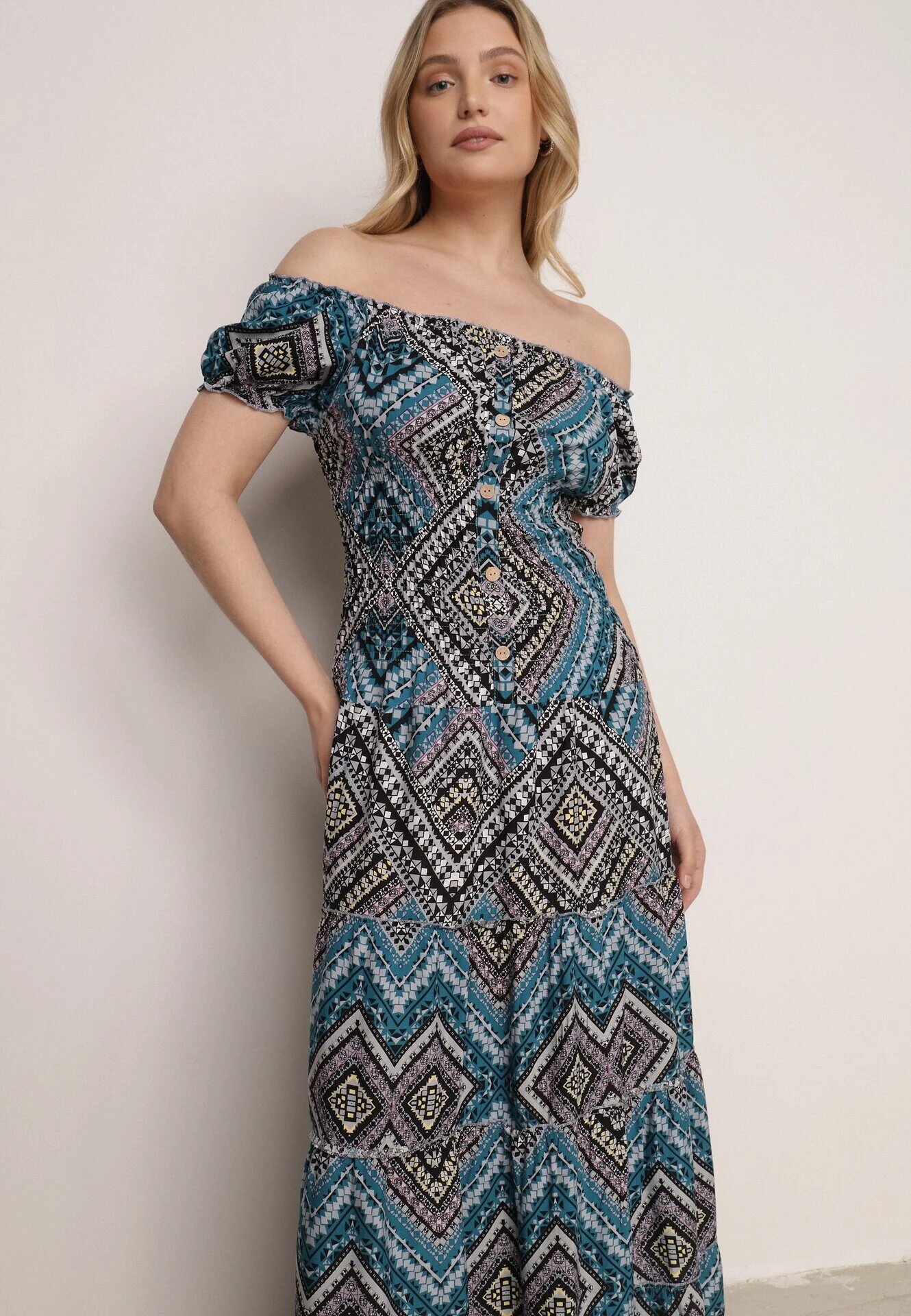 airisa Rochie Verde-Albastră din Bumbac în Stil Spaniol cu Model Etno și Elastic în Talie Kinetha