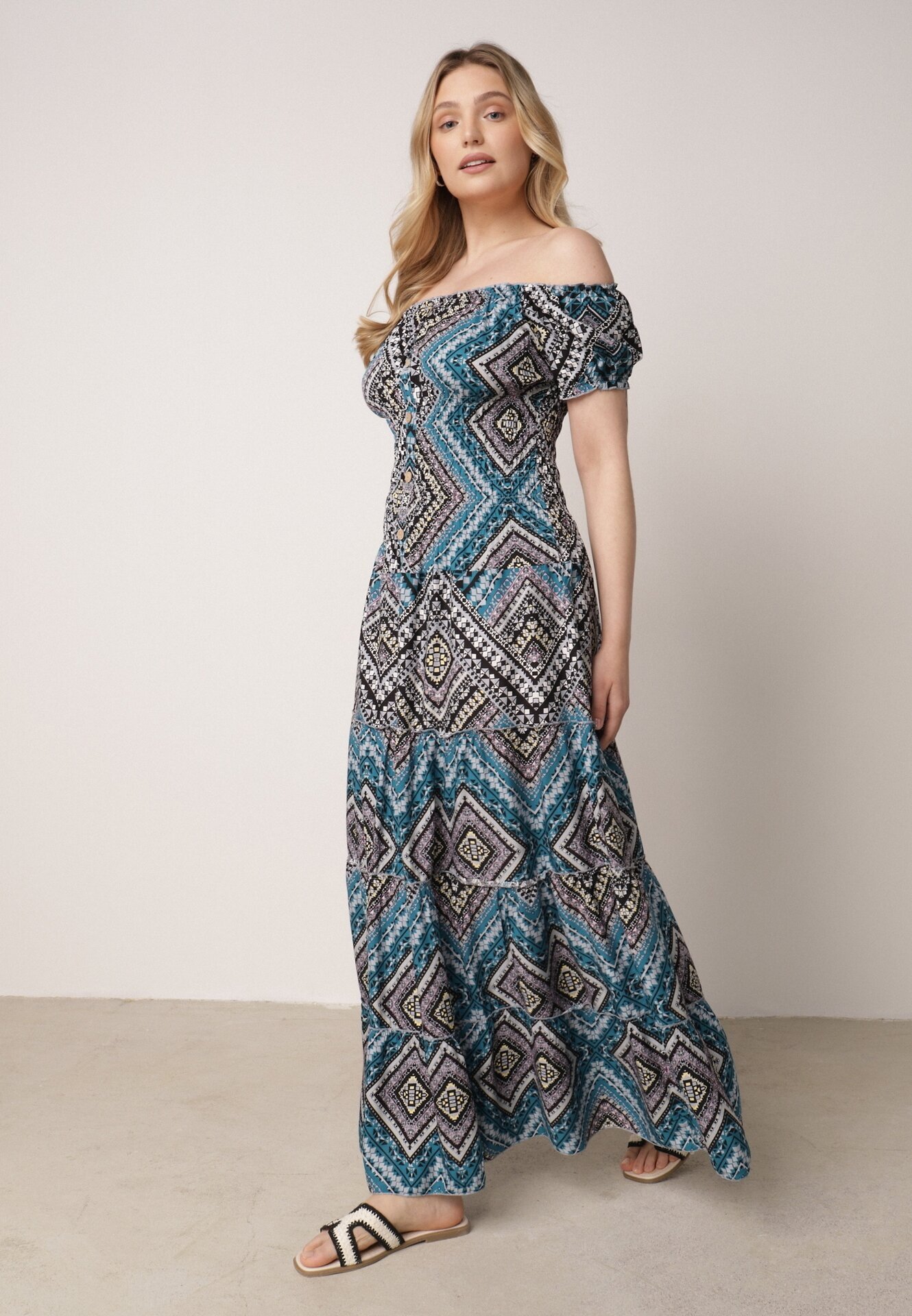 airisa Rochie Verde-Albastră din Bumbac în Stil Spaniol cu Model Etno și Elastic în Talie Kinetha
